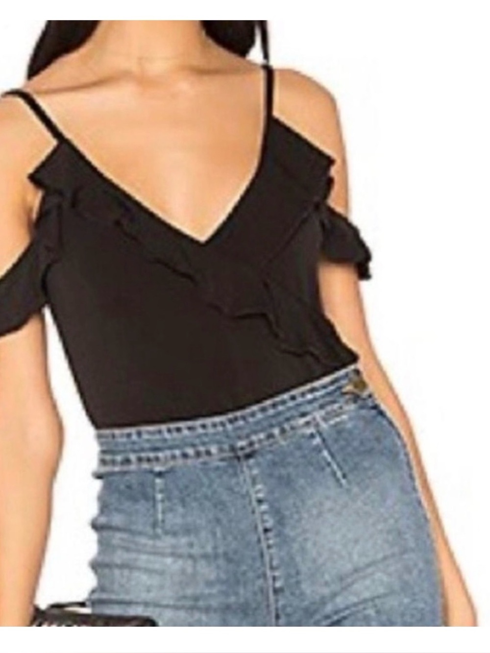 Bardot Black Cold-Shoulder Ruffle Bodysuit NWT